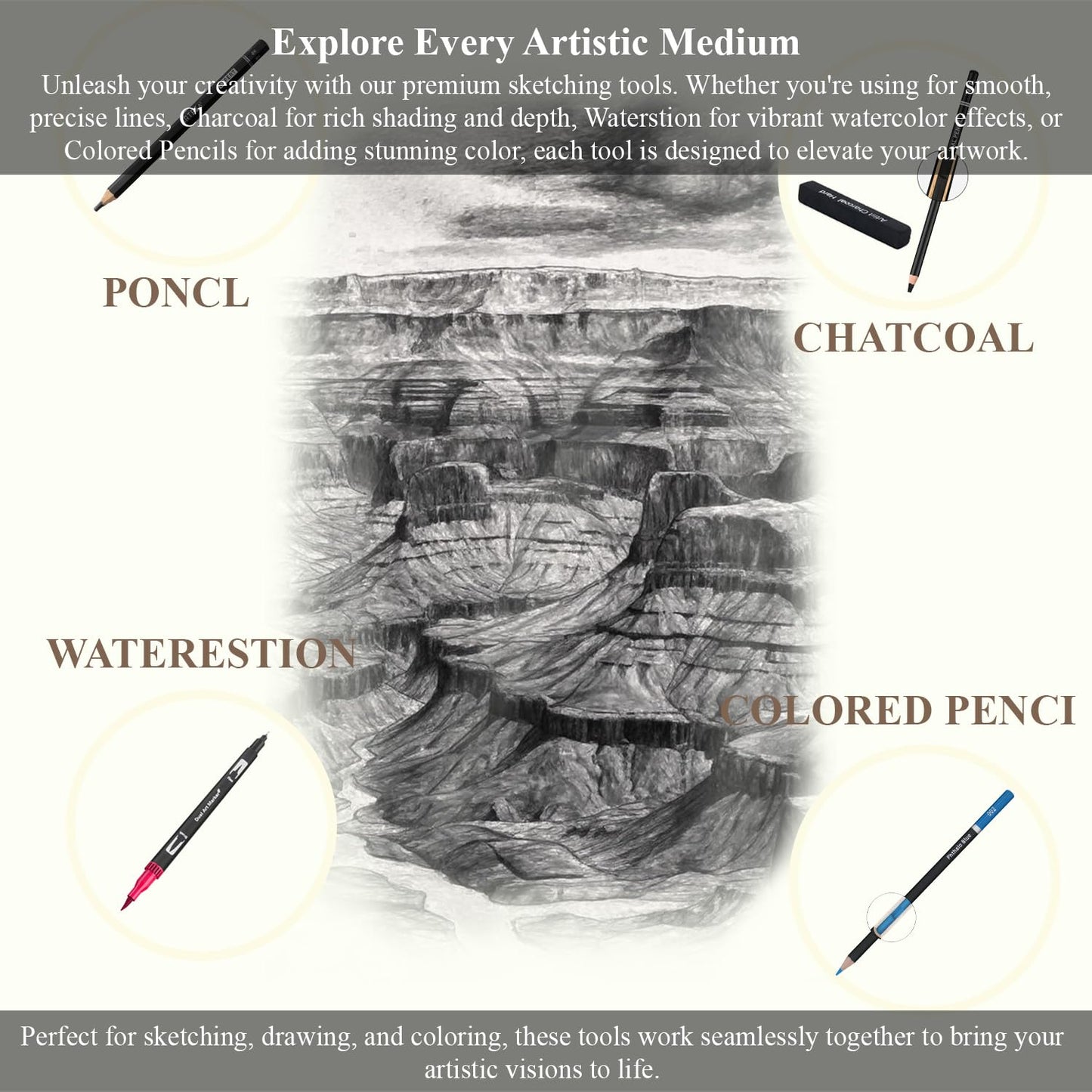 SuFly Sketchbook and Pencils Sets, Sketch Supplies Complete: Sketchbook 9x12, Watercolor Postcards, Graphite (12B-4H), Charcoal Pencils (Hard/Medium/Soft), Sketching Kit for Kids 9-12.