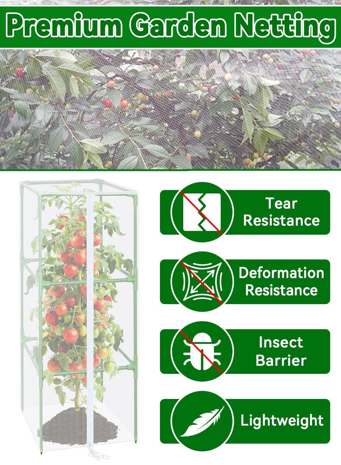 ZeeDix 57" x 16.1" Garden Bird Netting for Square Tomato Cage, 4 Pack Garden Mesh Barrier, Plant Covers Protect Tomatoes, Vegetables, Blueberry Bush from Birds & Pests