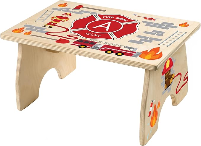 Firefighter Step Stool for Toddlers- Personalized Wood Kids Step Stool with Name for Kitchen Sink, Bathroom, Potty Training, Toilet, Kitchen Sink- Sturdy and Safe Made in USA by BloomOwl (Firefighter)