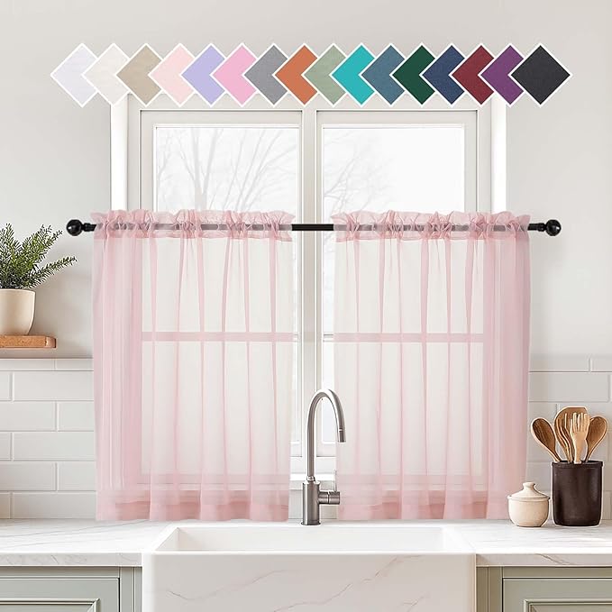 Blush Pink Sheer Curtains Tier 30 Inches Length 2 Panels, Light Filtering Lightweight Soft Window Treatments Drapes, Cute Elegant Cafe Curtains for Nursery, Dual Rod Pocket, 2x42Wx30L Inches