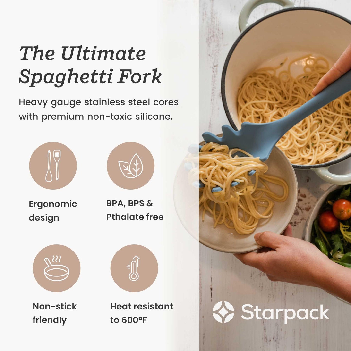 Starpack XL Premium Silicone Pasta Fork (13.5") - Spaghetti Spoons High Heat Resistant to 600°F - Silicone Pasta Spoon Strainer - Server Spoon with Teeth - Server Utensil for Pastas