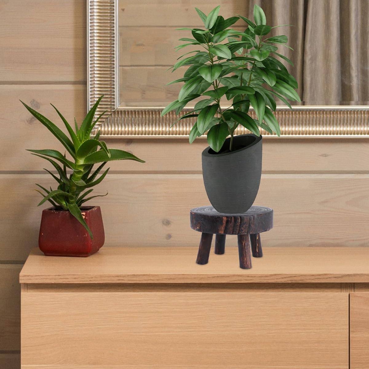 Kisangel Rustic Wooden Plant Stand Stool Xin Copper Finish Decorative Flower Pot Holder Indoor Outdoor Garden Shelf Display for Potted Plants
