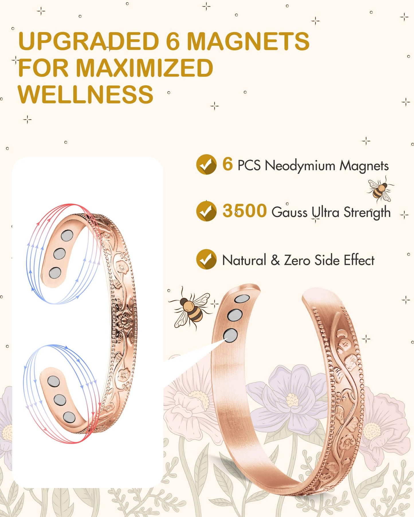 Feraco Copper Therapy Bracelets for Women, Pure Copper Magnetic Cuff Bracelet with Neodymium Magnets, Adjustable with Gift Box, Vintage Flower (Rose Gold)