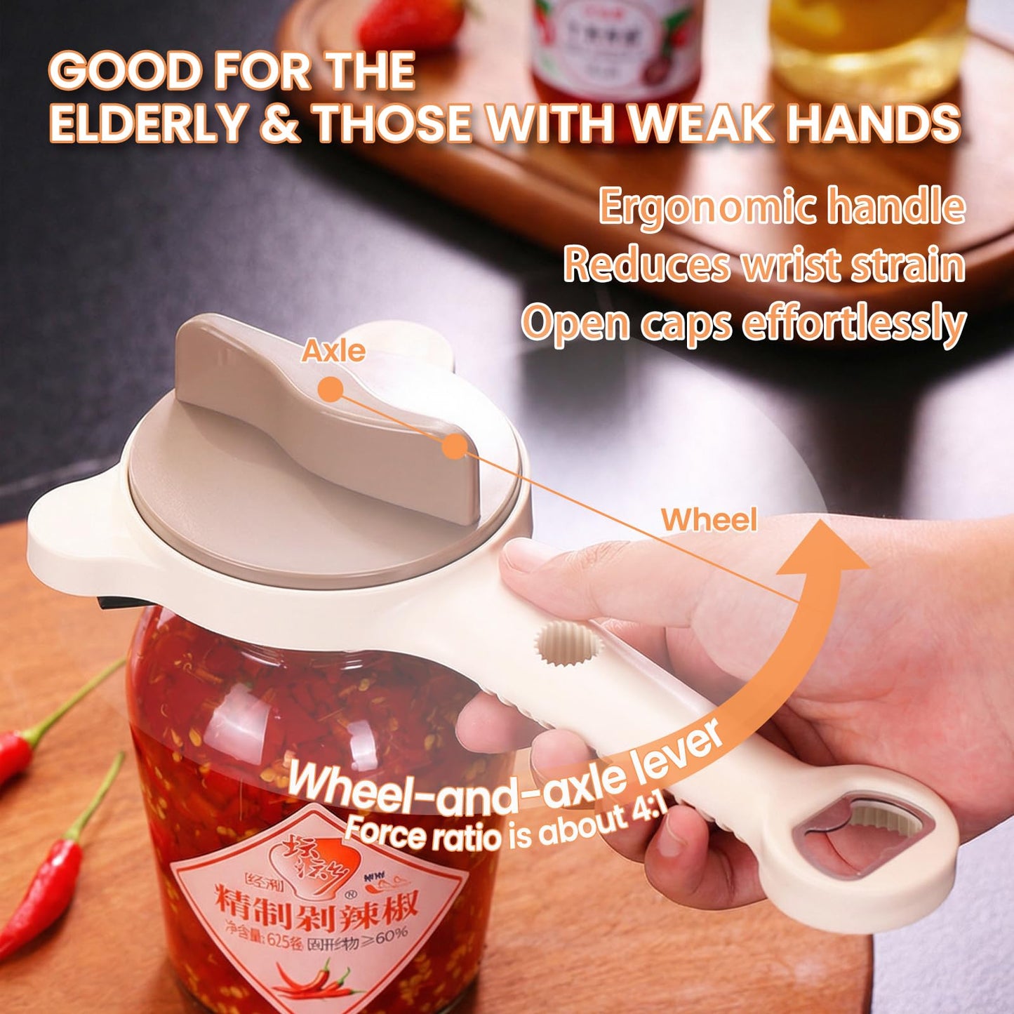 XINARIO 4-in-1 Jar Opener for Seniors, Weak Hands & Arthritis, Adjustable Gripper for 1"-3.5" Lids, Opens Jars, Bottles & Beer Caps, with 3 Non-Slip Mats & 2 Hooks for Wet Hands, Easy Kitchen Gadget