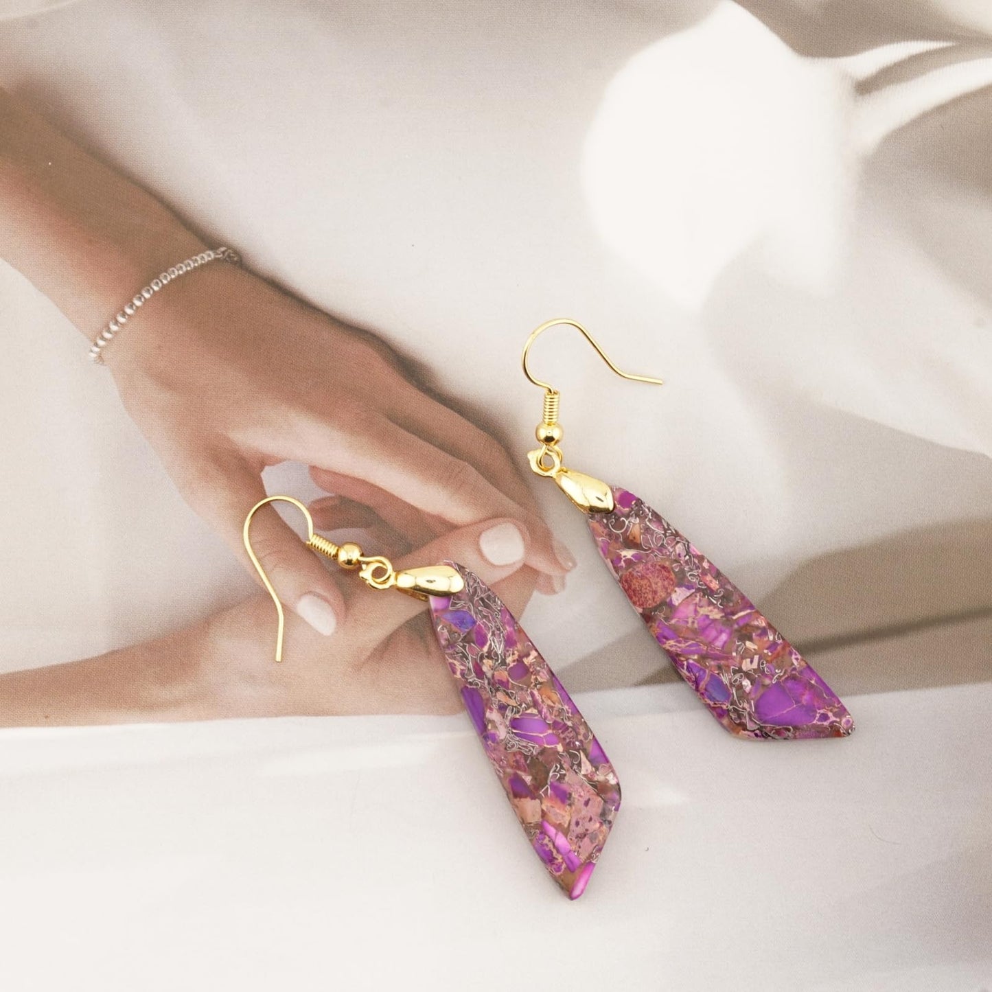 Jasper Stone Earrings for Women Trendy Dangle Earrings Fishhook Drop Earrings (Purple Brown-Gold Hook)