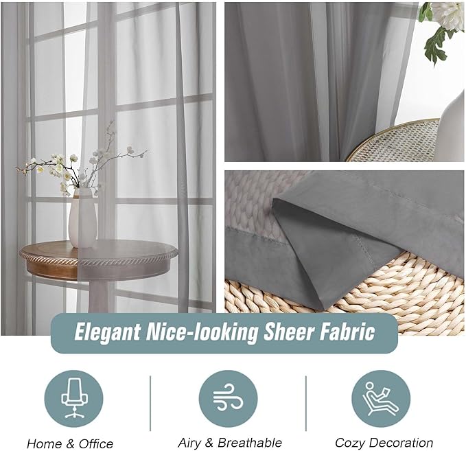 Grey Sheer Curtains for Window 96 Inches Long 2 Panels, Light Filtering Voile Sheer Curtains for Living Room Bedroom, Dual Rod Pocket Elegant Window Drapes, Charcoal Grey, 2x42Wx96L Inches