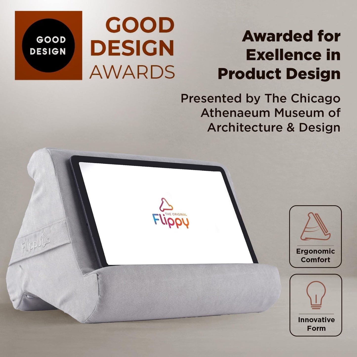 Flippy Original Tablet Pillow Stand & iPad Holder, Gift for Book Lovers & Readers, Multi-Angle Stand with Storage for Lap, Desk & Bed, Compatible with Kindle, Fire, iPad & Samsung, Greyster