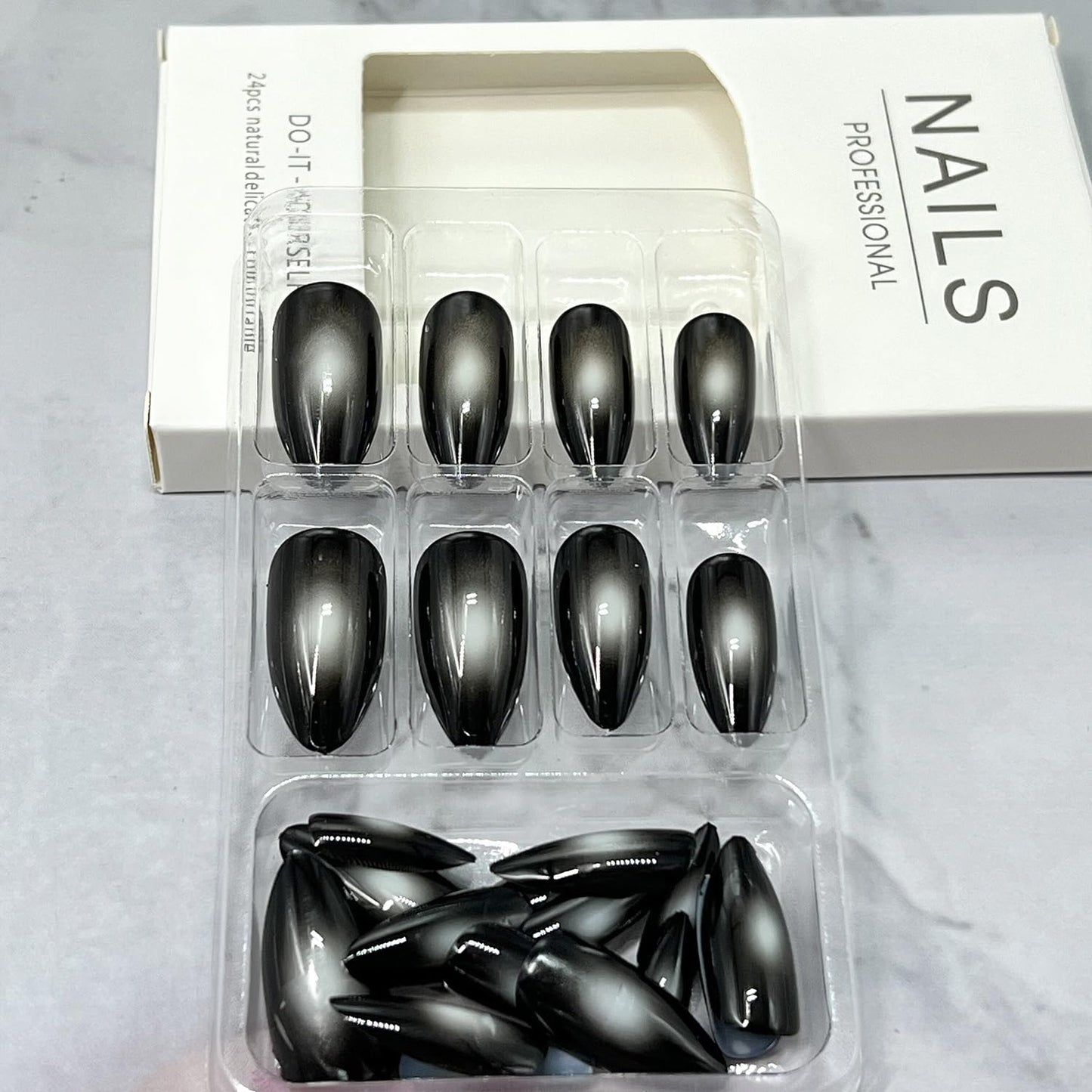 Black Press on Nails for Women Long Almond False Nails with Design Mirror Acrylic Glue on Nail Reusable Natural Stick on Nail