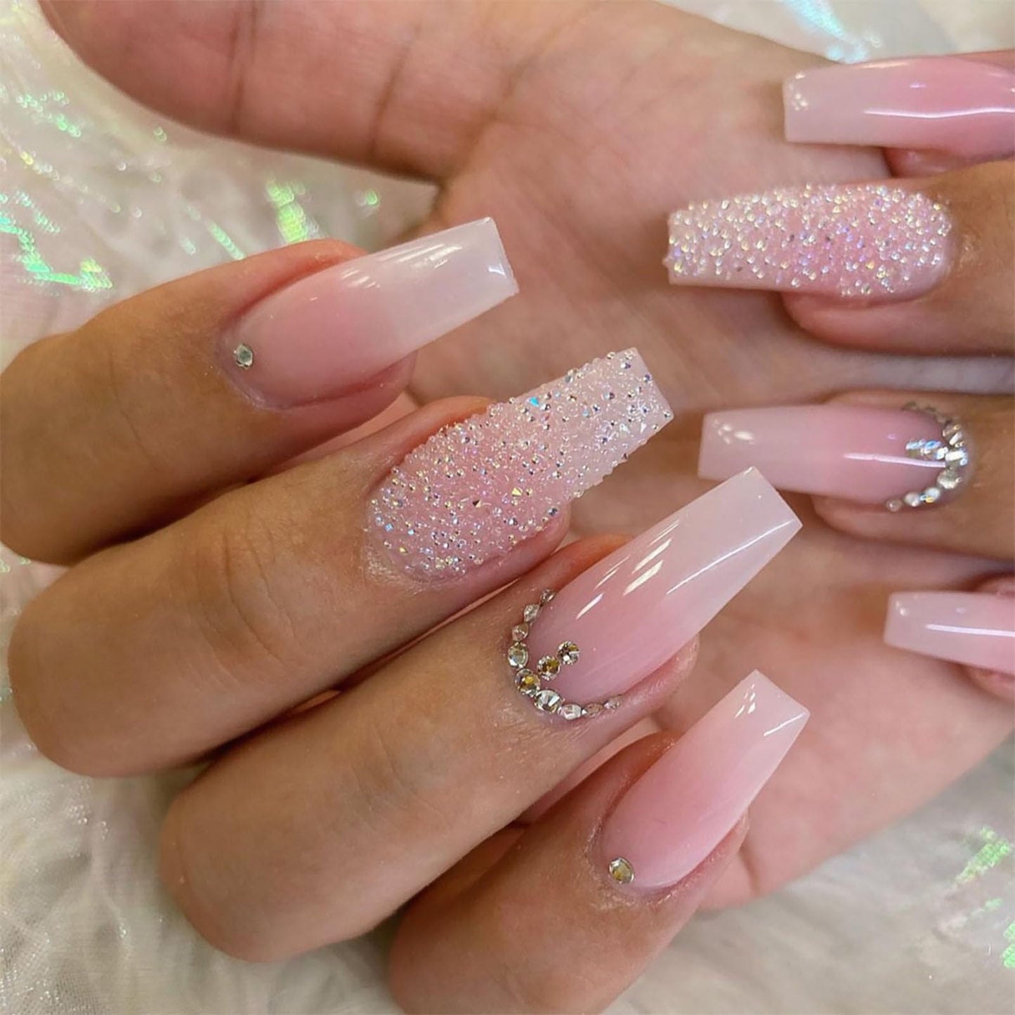 Coffin Press on Nails Medium Fake Nails with Rhinestones Gradient Designs Full Cover Nails Press ons Glossy Glue on Nails Pink Acrylic Nails White False Nails Cute Stick on Nails Women 24Pcs