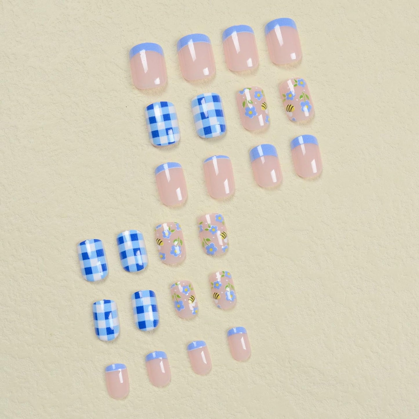 French Tip Press on Nails Short Square Fake Nails with Floral Blue White Checkered Designs Nails Press ons Cute Glue on Nails Glossy False Nails Spring Summer Stick on Nails for Women 24Pcs