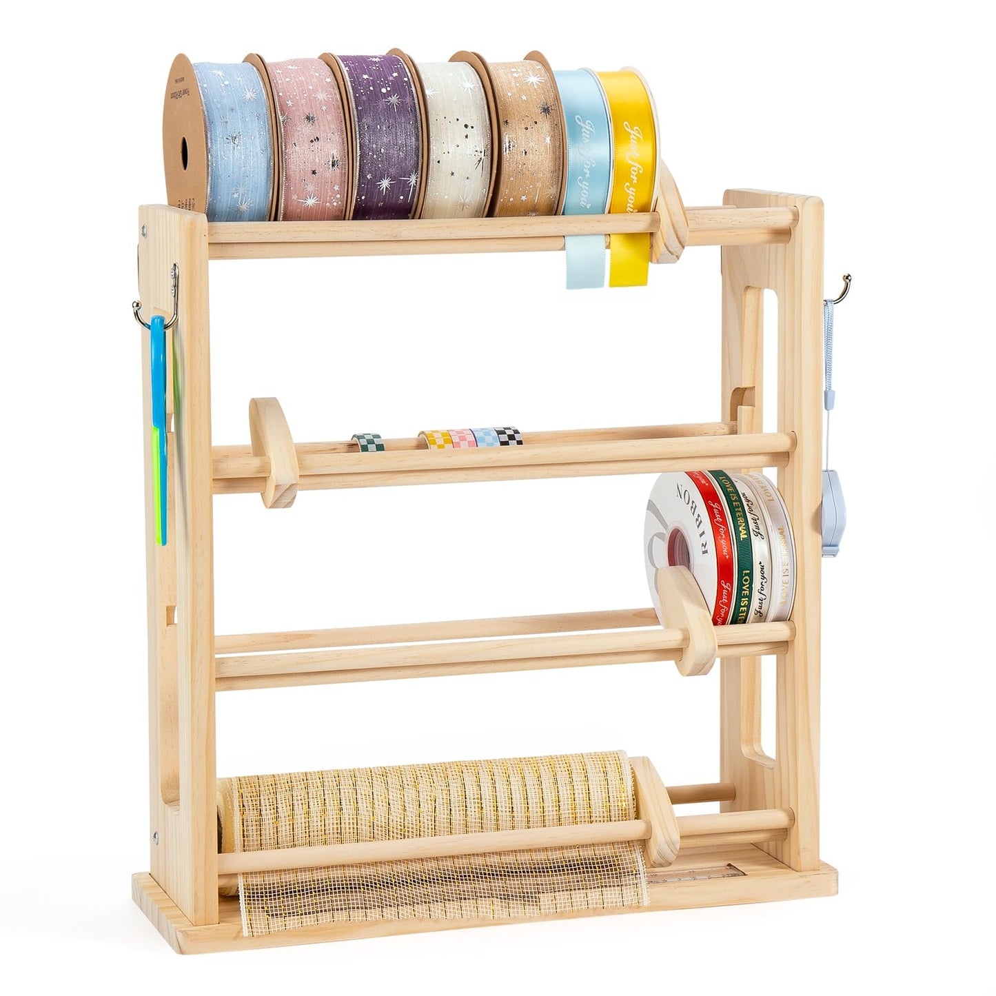 𝐂𝐫𝐚𝐟𝐢𝐭 Ribbon Storage Rack, 4-Tier Ribbon Organizer Spool Holder Dispenser, Display Sewing Thread Mesh Ribbon Wreath Washi Tape for Craft Room Shops Boutiques Florist Gift Wrapping