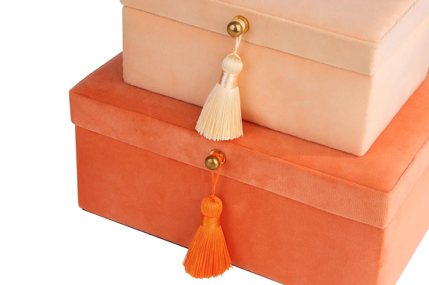 HofferRuffer Velvet Jewelry Boxes Decorative Boxes, Storage Accessory Organizer Boxes with Elegant Handle Decor, Classic Velvet Set of 2 Pieces (Orange)