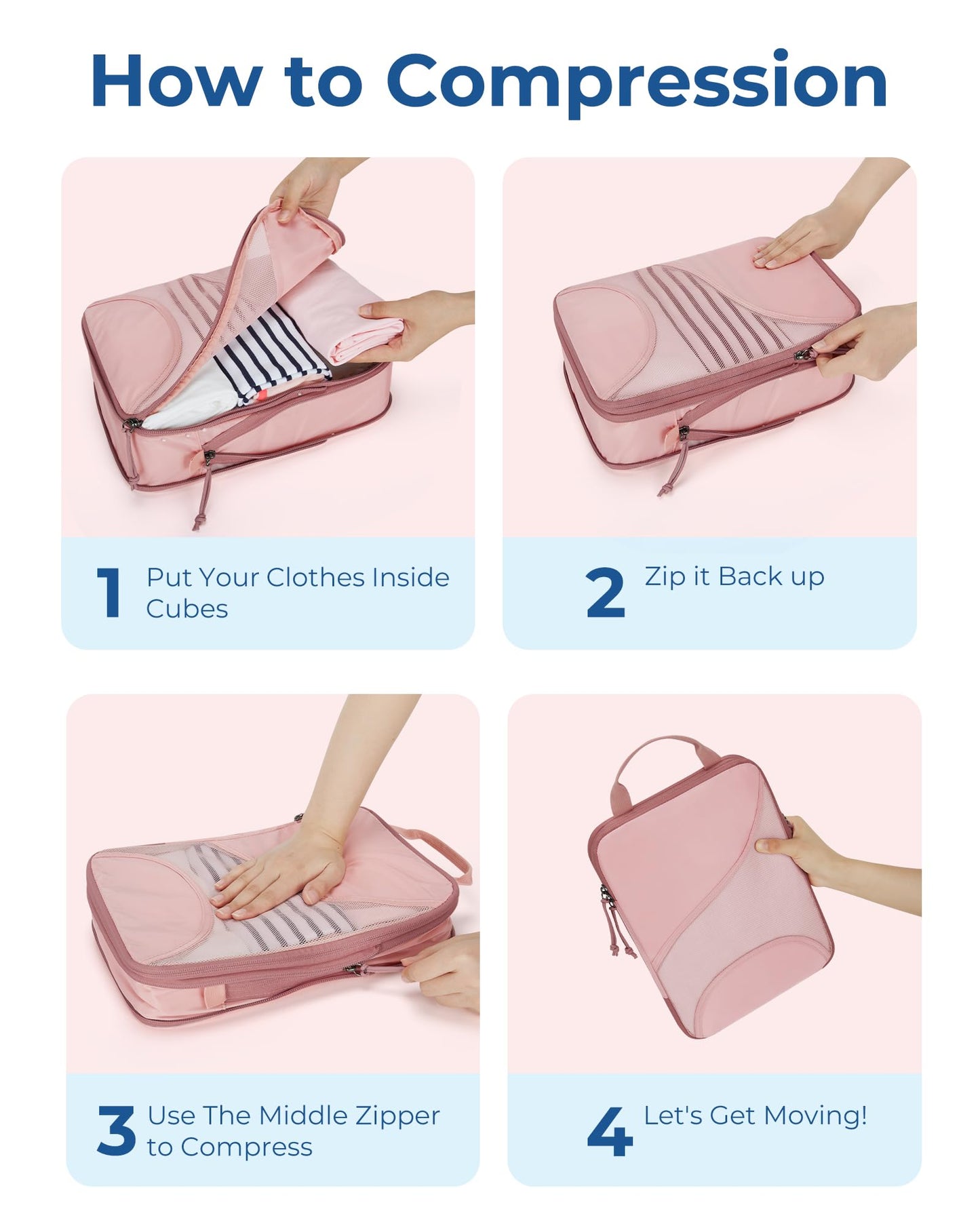 BAGSMART Compression Packing Cubes - 6 Set Travel Packing Cubes for Suitcases, Compression Suitcase Organizers with Shoe Bag Baby Pink
