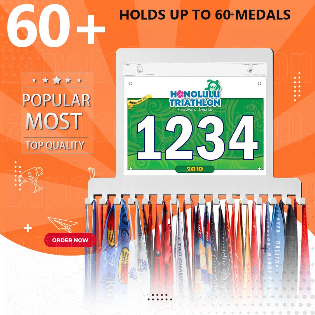Lapetale Fashion White Race bib and Medal Display,Marathon Medal Display and Runner Medal Hanger Display,Bib Running Medal Display, Running Medal Hanger Display,Medal Holder for Wall