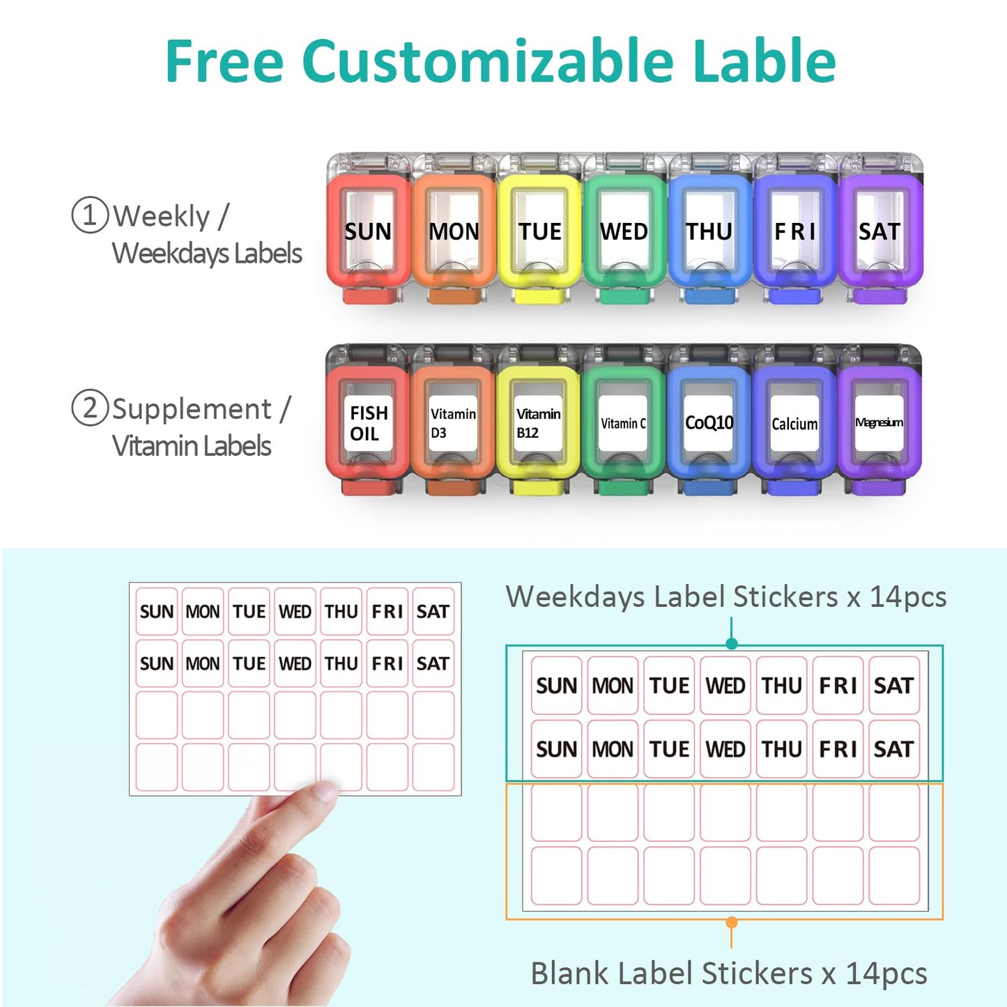 Fullicon Weekly Pill Organizer 7 Day Ultra Moisture and Spill Proof Daily Pill Box, Large Medicine Case with Secure Buckle, Compact Travel Pill Container for Pill, Vitamin, & Fish Oil (Rainbow Black)