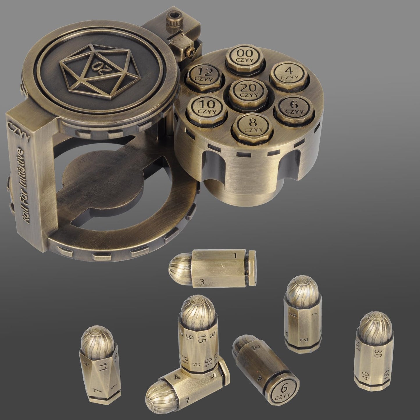 Metal Polyhedral Bullet Dice Set of 7 with Spinning Revolver Cylinder Container - Cyberpunk Style Dice for D&D, Sci-Fi, War, or Crime Theme Tabletop Games (Bronze)