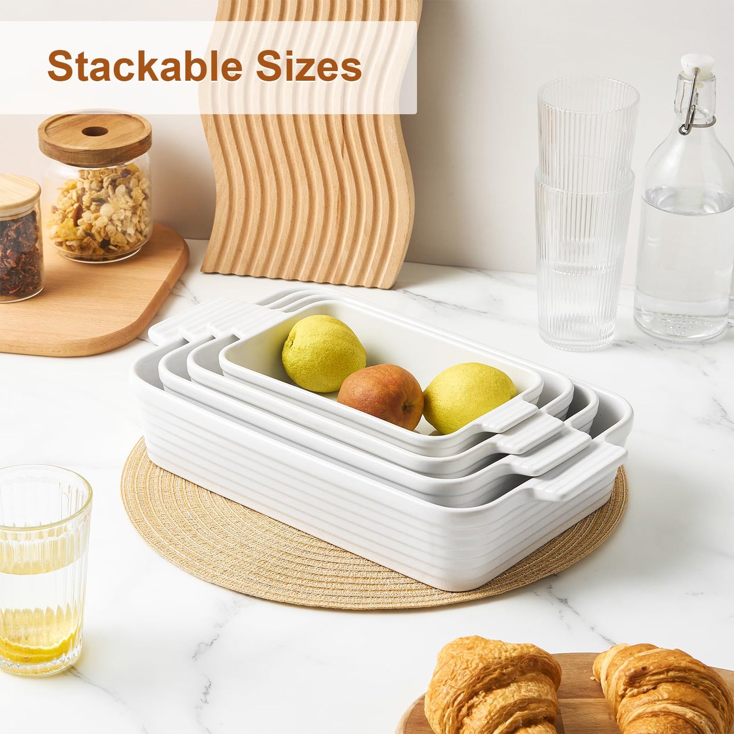Jassceram Casserole Dishes for Oven, Porcelain Baking Dishes Set of 4, Rectangular Ceramic Casserole Dish with Handles, Deep Lasagna Pan for Kitchen Baking, 9.6" to 15.2", Nesting Design, White