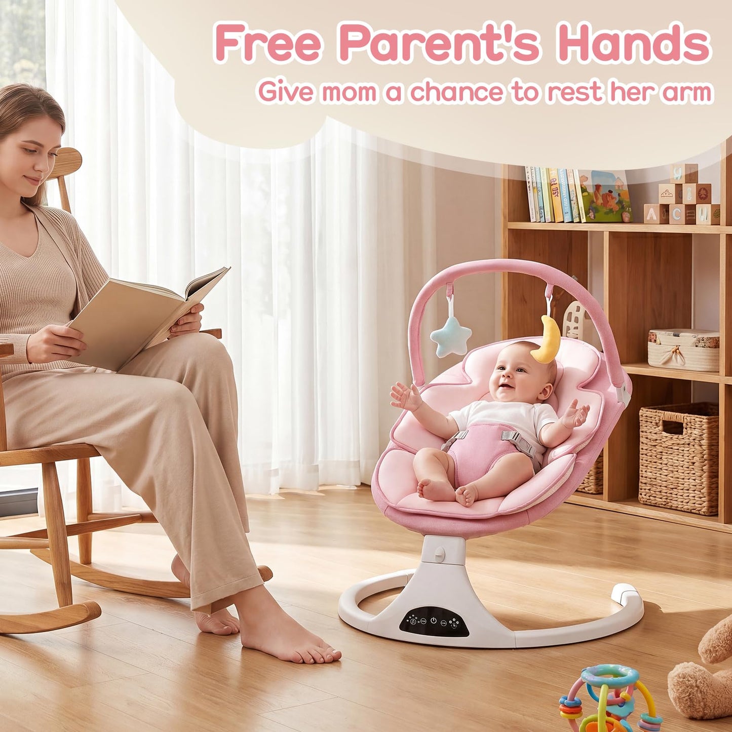 Electric Baby Swing with Remote Control - 5 Natural Motion Speeds, Detachable Seat Pad | Portable Infant Swing for Indoor/Outdoor Use (0-6M, 20lbs) (Pink)