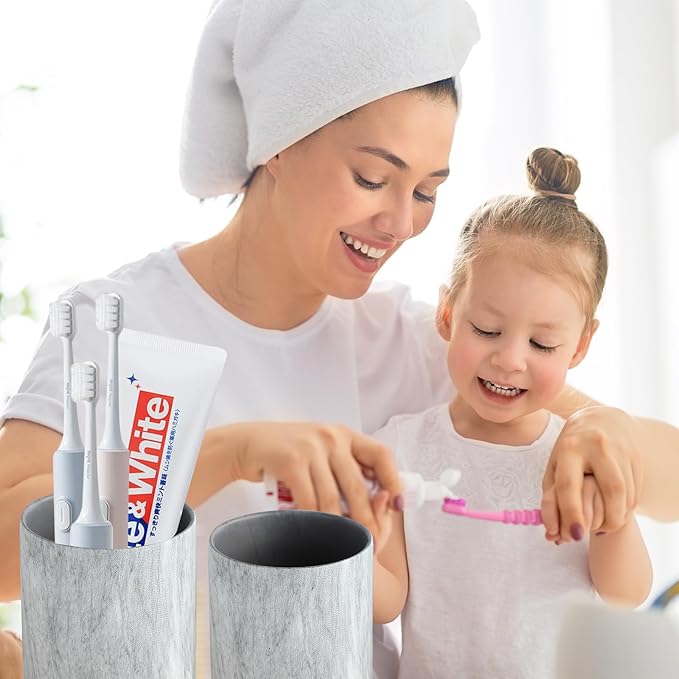 Marble Grey Toothbrush Holders for Bathrooms - 2 Cups Ceramic Toothbrush Toothpaste Holders, Grey Bathroom Tumbler Cups Reusable Toothbrush Mouthwash Cups, Bathroom Counter Organizer.