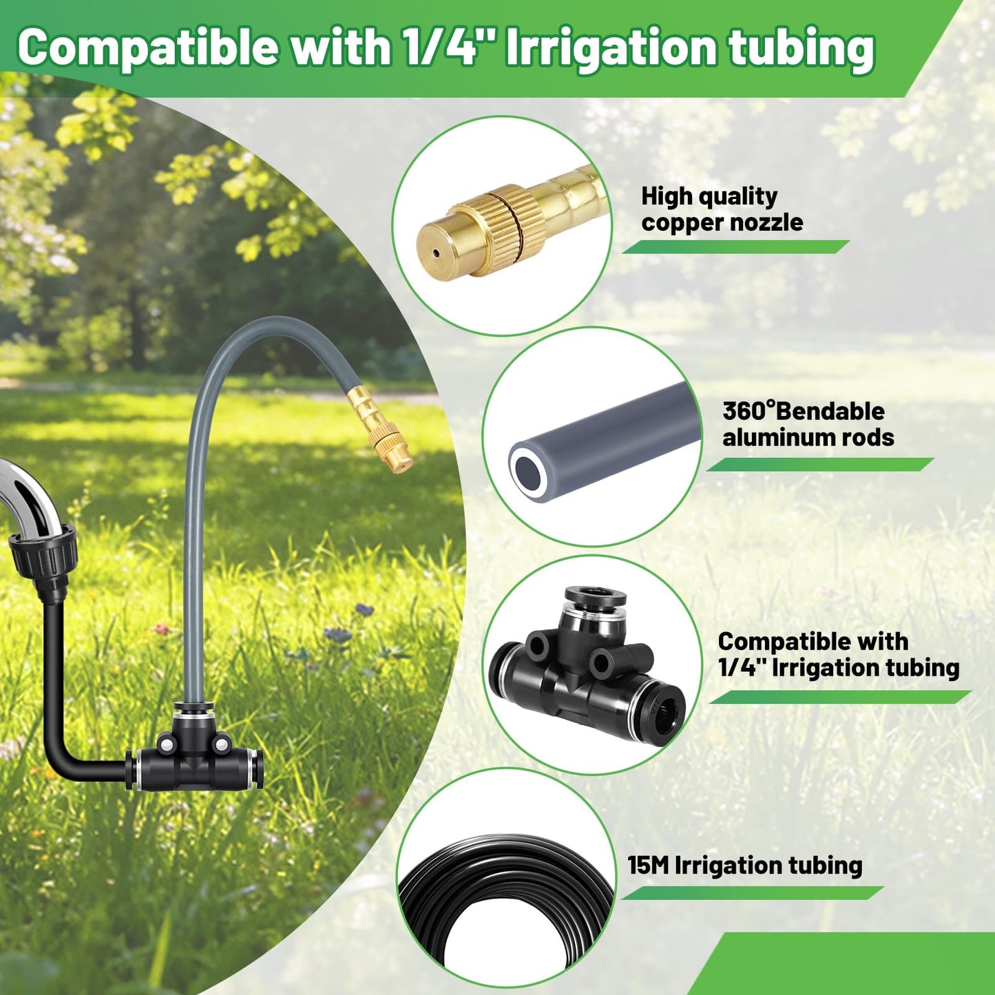 49.2 Ft 360° Adjustable 1/4" Drip Irrigation System Bendable Watering Misting System Drip Irrigation Kit Garden Watering Atomizing System with 12 Nozzles, Automatic Irrigation System for Garden