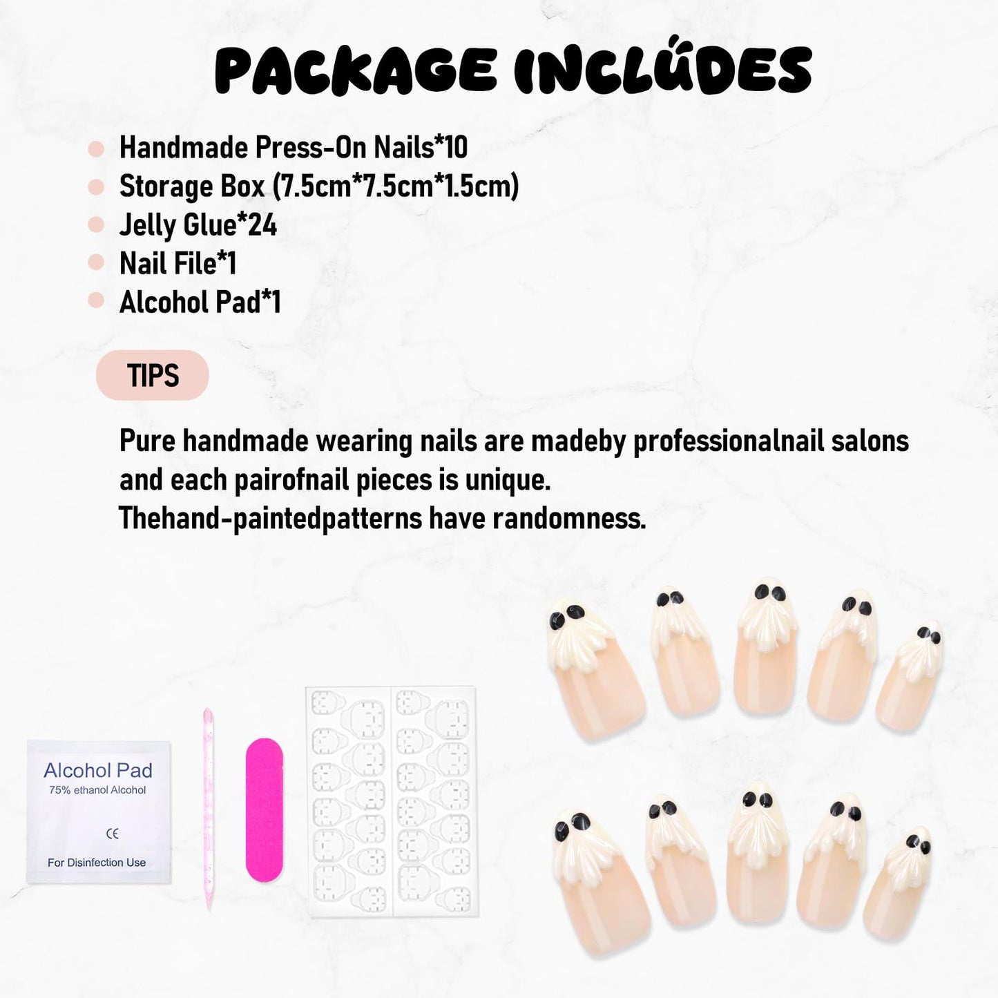 Halloween Press on Nails Handmade White Little Ghost French Tip Fake Nails with Designs Medium Almond False Nails Cute Spooky Halloween Thicked Stick on Nails for Women Holiday Nail DIY Decor (Size M)