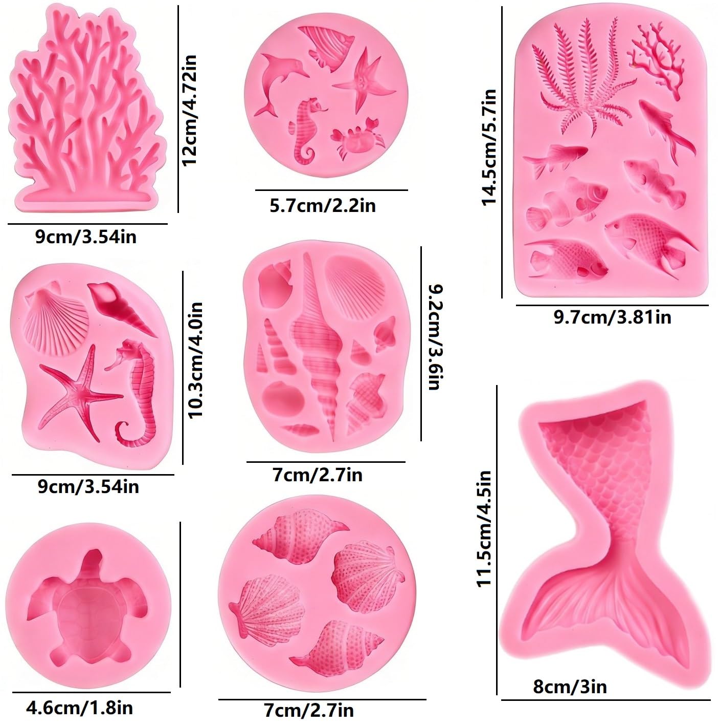 8 PCS Marine Theme Fondant Silicone Mold Seashell Seaweed Sea Fish Coral Conch Sea Turtle Shape DIY Handmade Baking Tools for Cake Cookie Chocolate Candy Decoration Crafts Polymer Clay