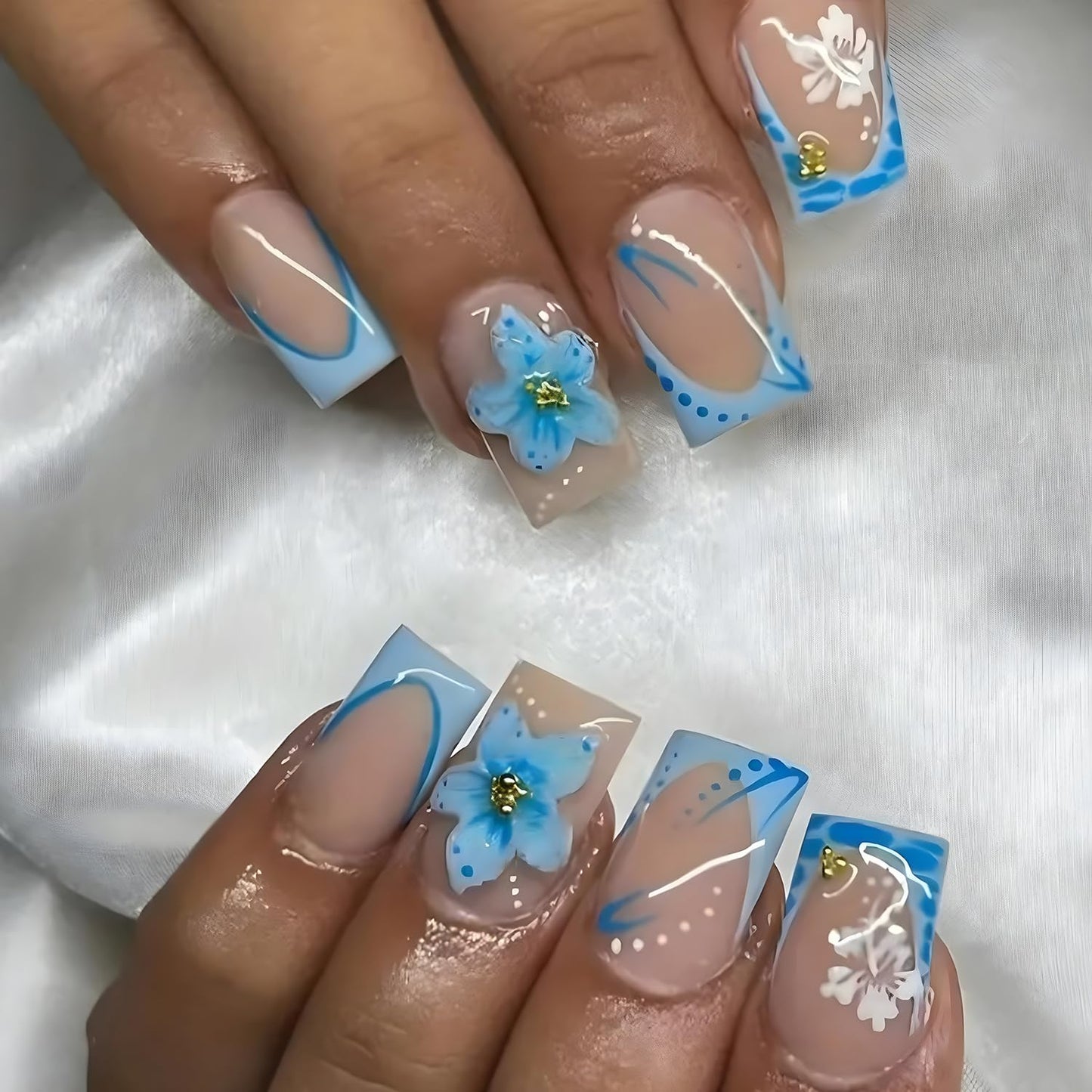 Blue Flower Press on Nails Short Square False Nails French Tip Fake Nails with Gold Beads Flower Design Spring Summer Glue on Nails Cute Acrylic Nails Glossy Artificial Stick on Nails for Women 24Pcs