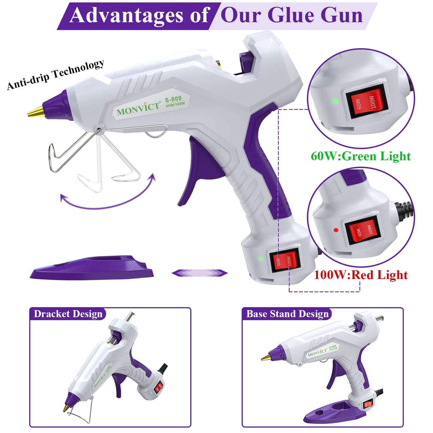 MONVICT 60/100W Full Size Hot Glue Gun Kit and Pack of 50 Hot Glue Sticks 5.9' & 0.43, Base Stand Heavy Duty Melt Glue Gun Kit with 15 Pcs Glue Sticks & 3 Finger Protectors for Quick Repairs,