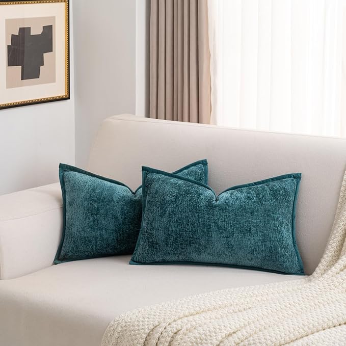 FUTEI Teal Chenille Throw Pillow Covers 12x20 Inch Set of 2,Soft Cozy Bound Edge Design Lumbar Pillow Cases,Home Decor for Couch Bed Living Room