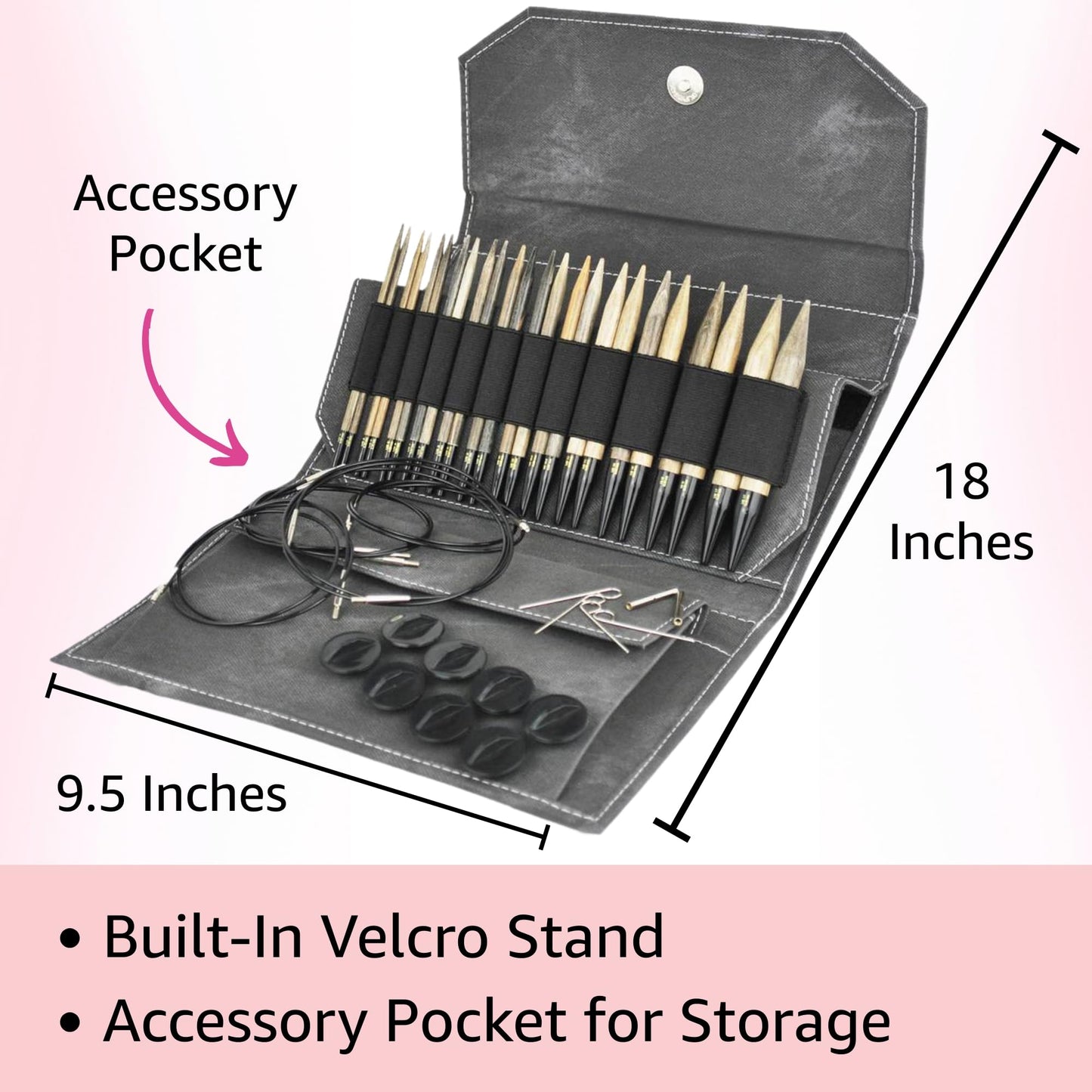 Lykke Driftwood 5 in. Complete Set US 4, 5, 6, 7, 8, 9, 10, 10.5, 11, 13, 15, 17 Interchangeable Circ. Knitting Needles for DK, Worsted, Super Chunky Yarn, Birch, 5 Cords, Grey DM Case, Project Bag