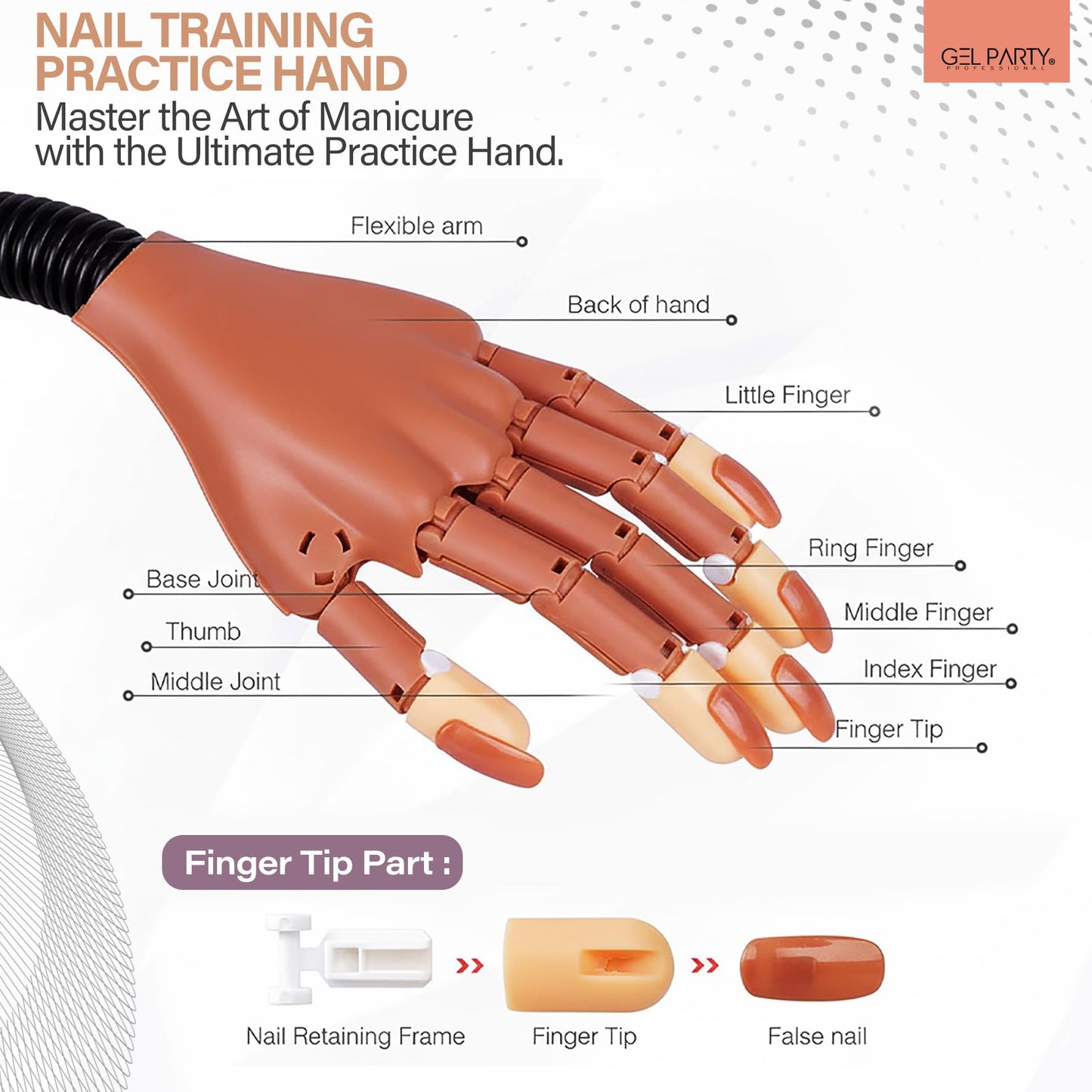 GELPARTY Flexible Nail Practice Hand with Table Clamp - Full Training Starter Kit for Acrylic & Gel Nails, Includes 200pcs Brown Tips, Clippers, Files & Brushes - Professional Manicure Set (Set B+)
