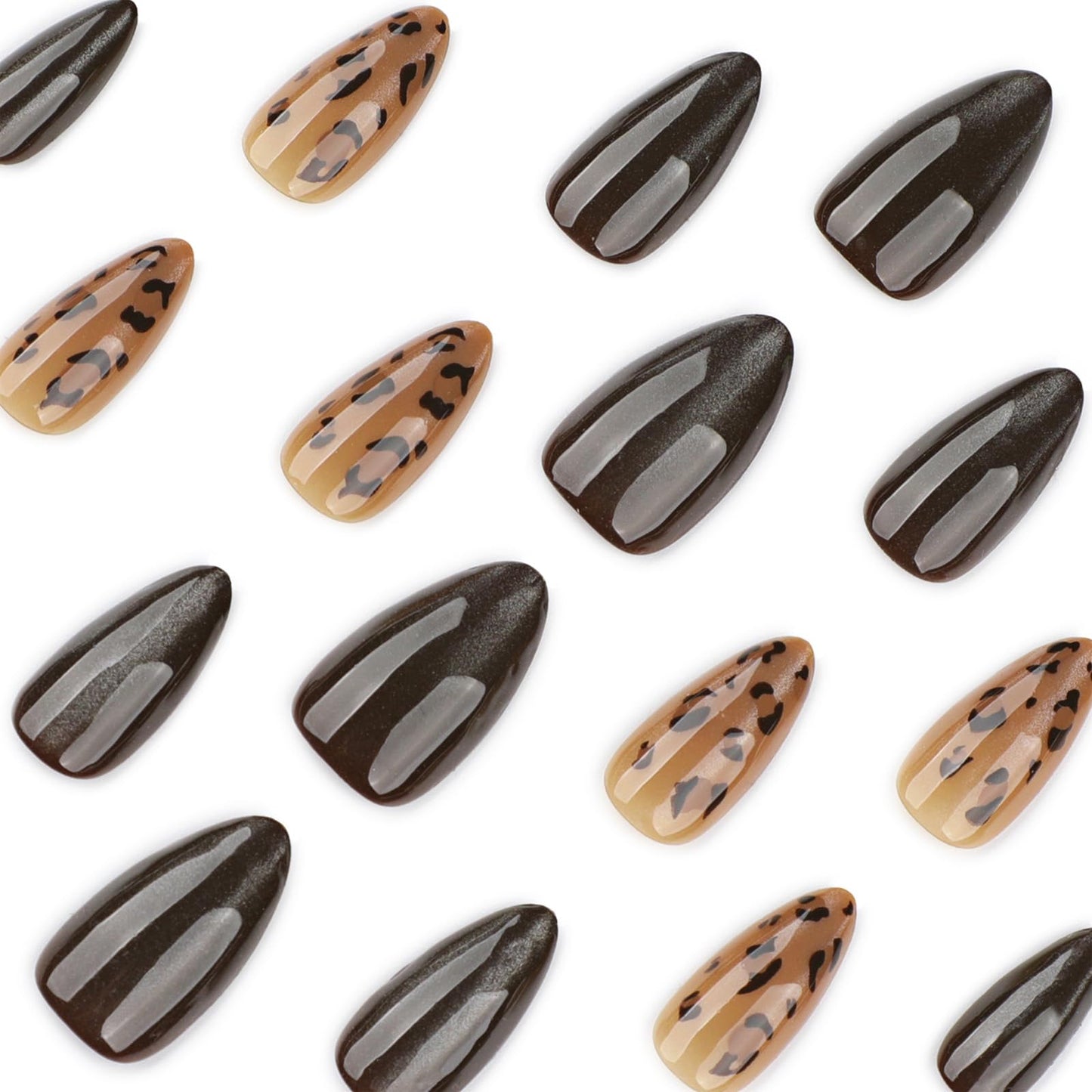 Mivota Brown Leopard Press On Nails Almond Long, 24PCS Glossy Brown Fake Nails, Leopard Print Stick On Nails for Women, Reusable Soft Gel Press on Nails, Acrylic Look Artificial Nails for Daily Wear