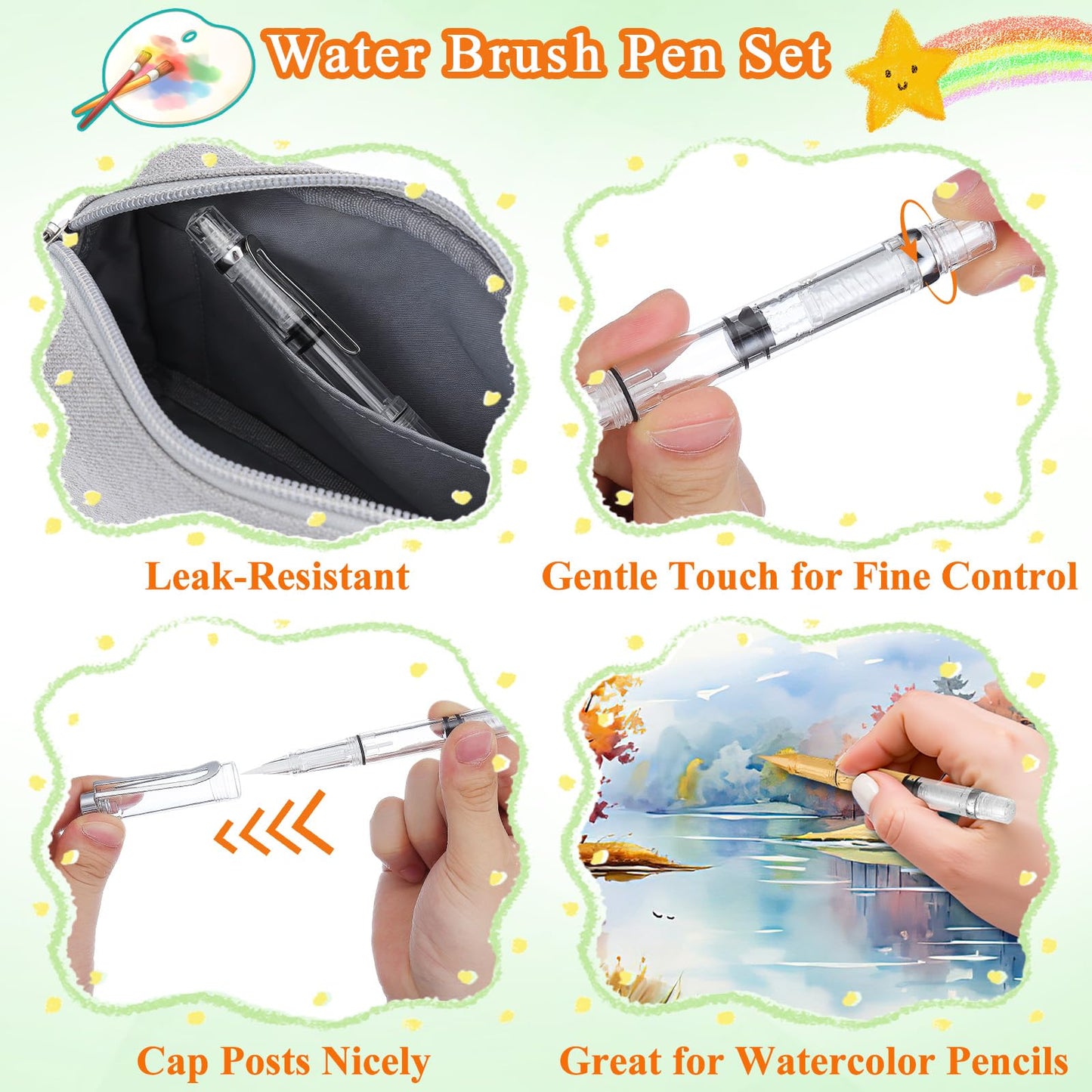 NUOBESTY 5Pcs Water Brush Pen Set – Refillable Fountain Brush Pens for Watercolor, Calligraphy, Painting, Drawing, Scrapbooking & Sketching