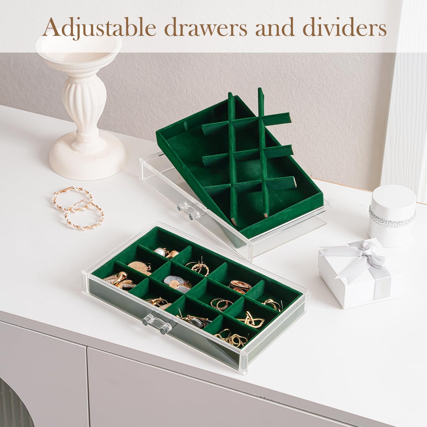 Lolalet Earring Holder Organizer Box Jewelry Storage with 4 Drawers, Clear Acrylic Stackable Earring Case with Adjustable Velvet Trays for Women on Dresser Vanity -Emerald, 4 Layers