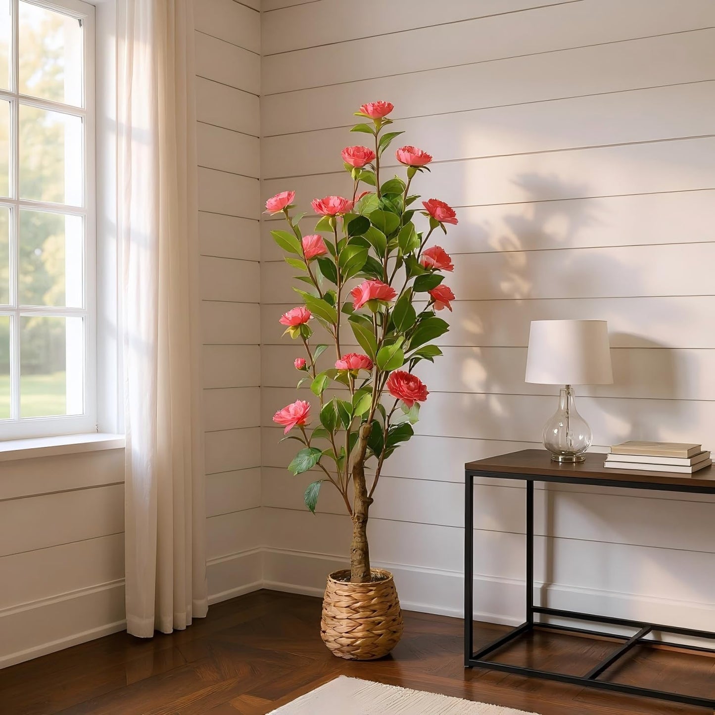 CZWBE 45" H Artificial Camellia Tree 2 Pack - Woven Planter with 28 Flowers,Faux Plant for Office Decor & Indoor Outdoor Home Wedding Decor（red）