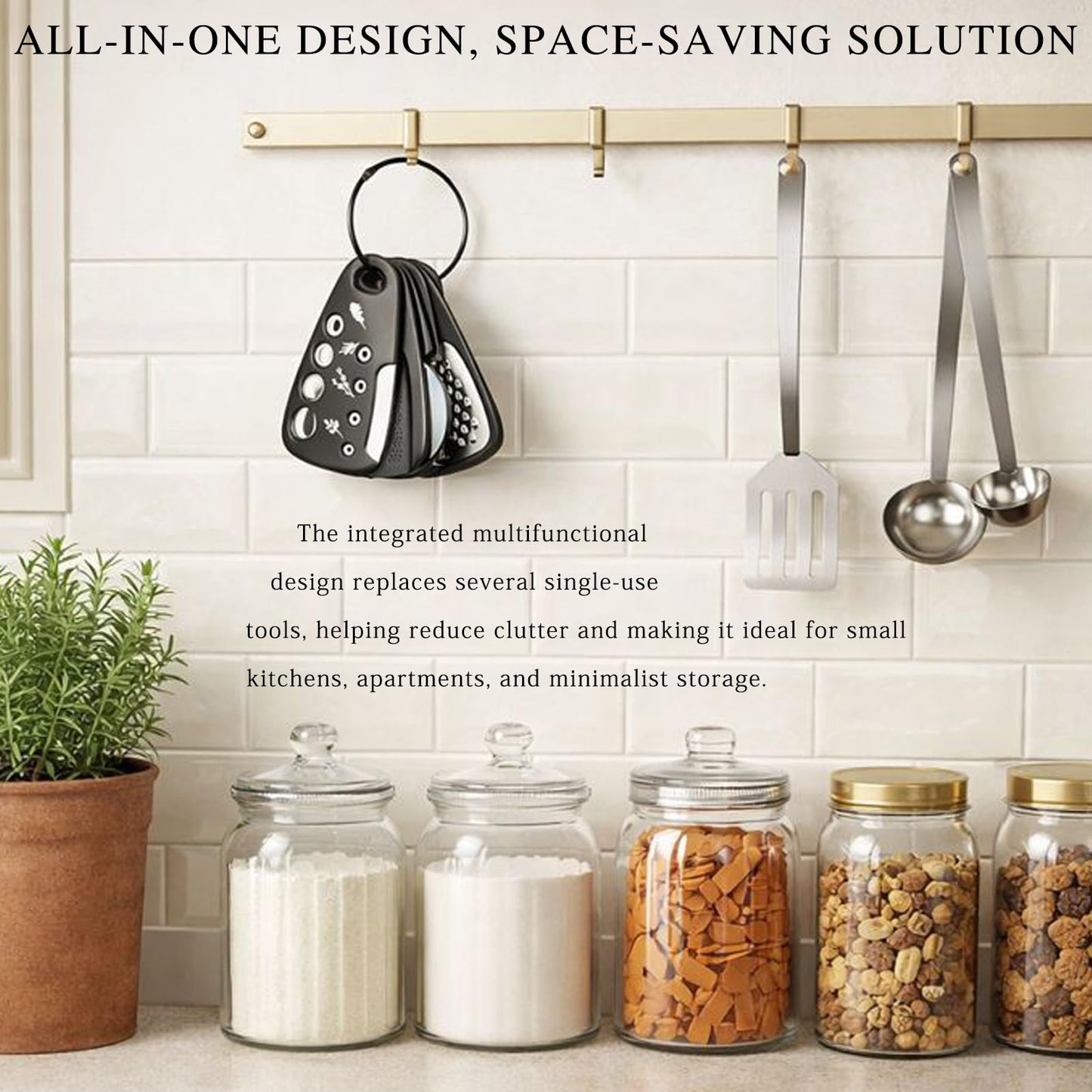 6-Piece Unique Kitchen Gadget Set in Black, Stackable Space-Saving Tools Including Grater, Peeler, Pizza Cutter, and Bottle Opener