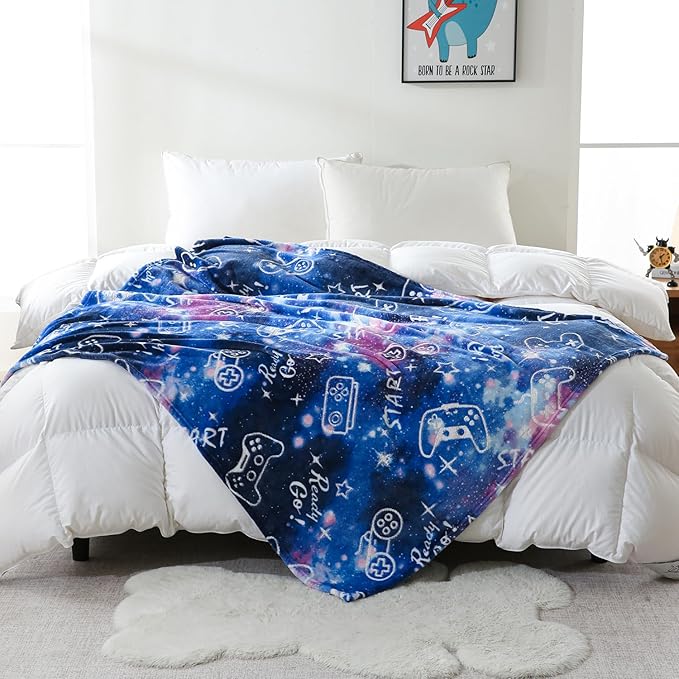 SOCHOW Glow in The Dark Gaming Blanket for Gamers, Soft Cozy Gamepad Game Controller Throw Gift Toys for Teens Youths Adults, Birthday Easter Room Decor Blanket, Blue 50 x 60 Inches
