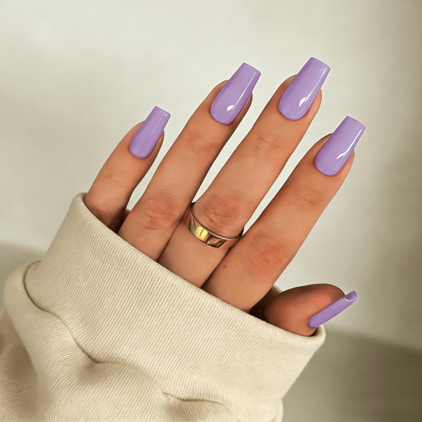 SXVME Press On Nails Long Square - Lilac Press on Nails with Glue for Women, Natural Simple Fake Nails Press ons Medium, Glossy Soft Gel Glue on Nails Coffin, Reusable Nail Stick Ons, 24 Pcs