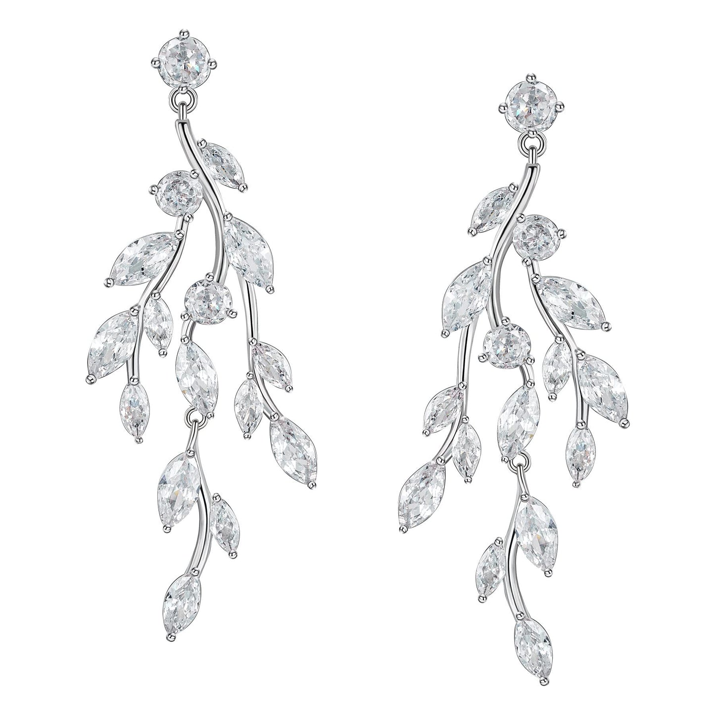 SWEETV Leaf Bridal Drop Earrings - Silver Cubic Zirconia Dangling Earrings for Brides, Bridesmaids, Prom, Formal Party, Style2
