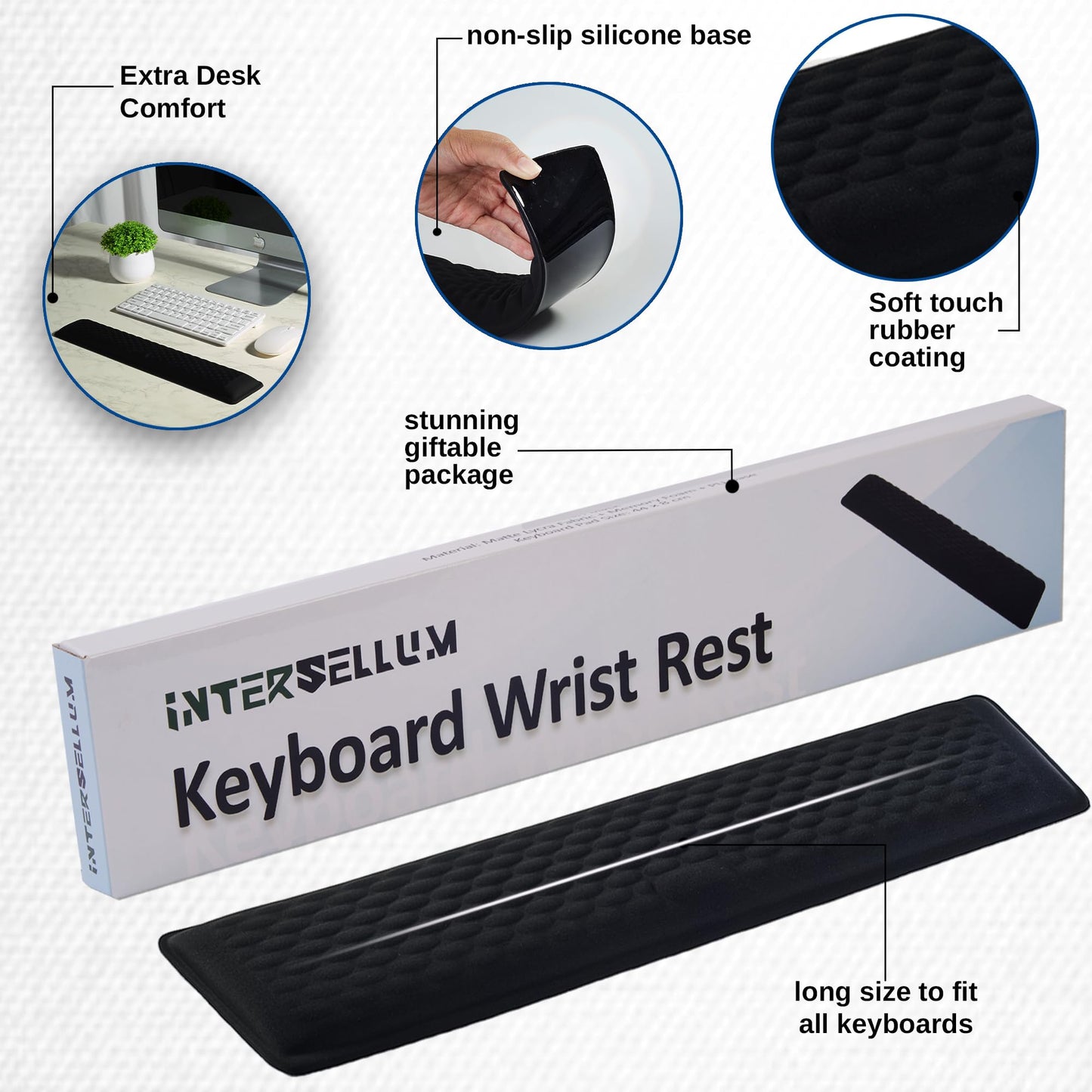 Ergonomic Memory Foam Keyboard Wrist Rest Pad, Extra-Wide Black, Soft Non-Slip Arm Cushion for Computer, Laptop & Desk | Pain Relief & Typing Comfort for Office & Gaming Use