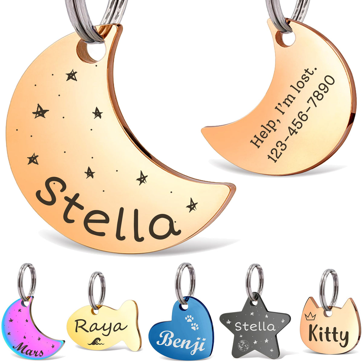 Anavia Small Size Dog Cat ID Tags, Small/XS Personalized Color Plated Stainless Steel Puppy Kitten Name Tags, Customized Engraved Nameplate Pet Collar Tag (Blue, Star)