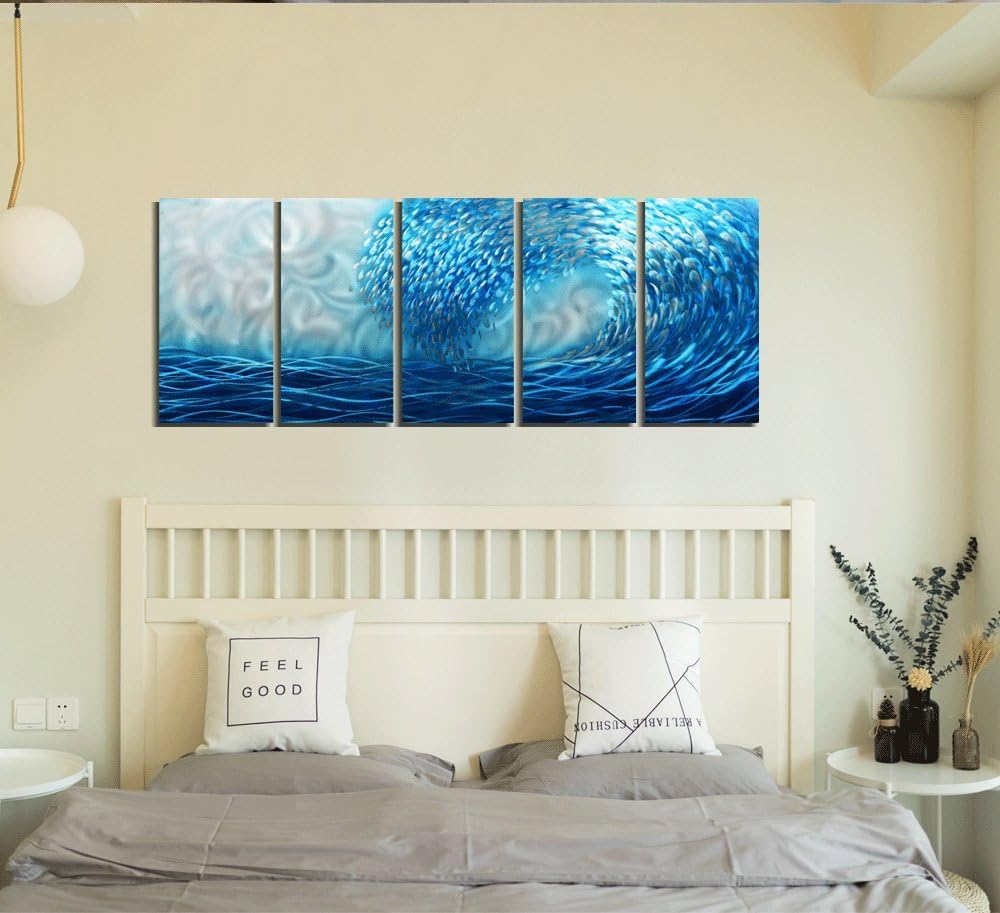 Yihui Arts Hand Crafted Blue Sea Wave 3D Metal Wall Art - Coastal 5 Panel Aluminum Sculpture for Big Abstract Office, Hallway, Fireplace, and Home Decor