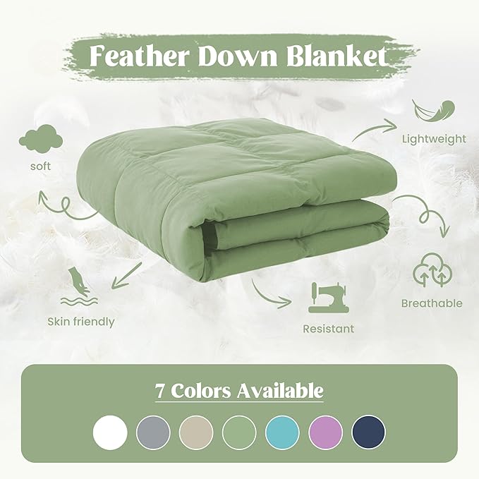 puredown® King Size Blanket for Bed, Ultra Soft Lightweight Down & Feather Fill, All Season Blanket, Machine Washable, 88"X108", Sage Green