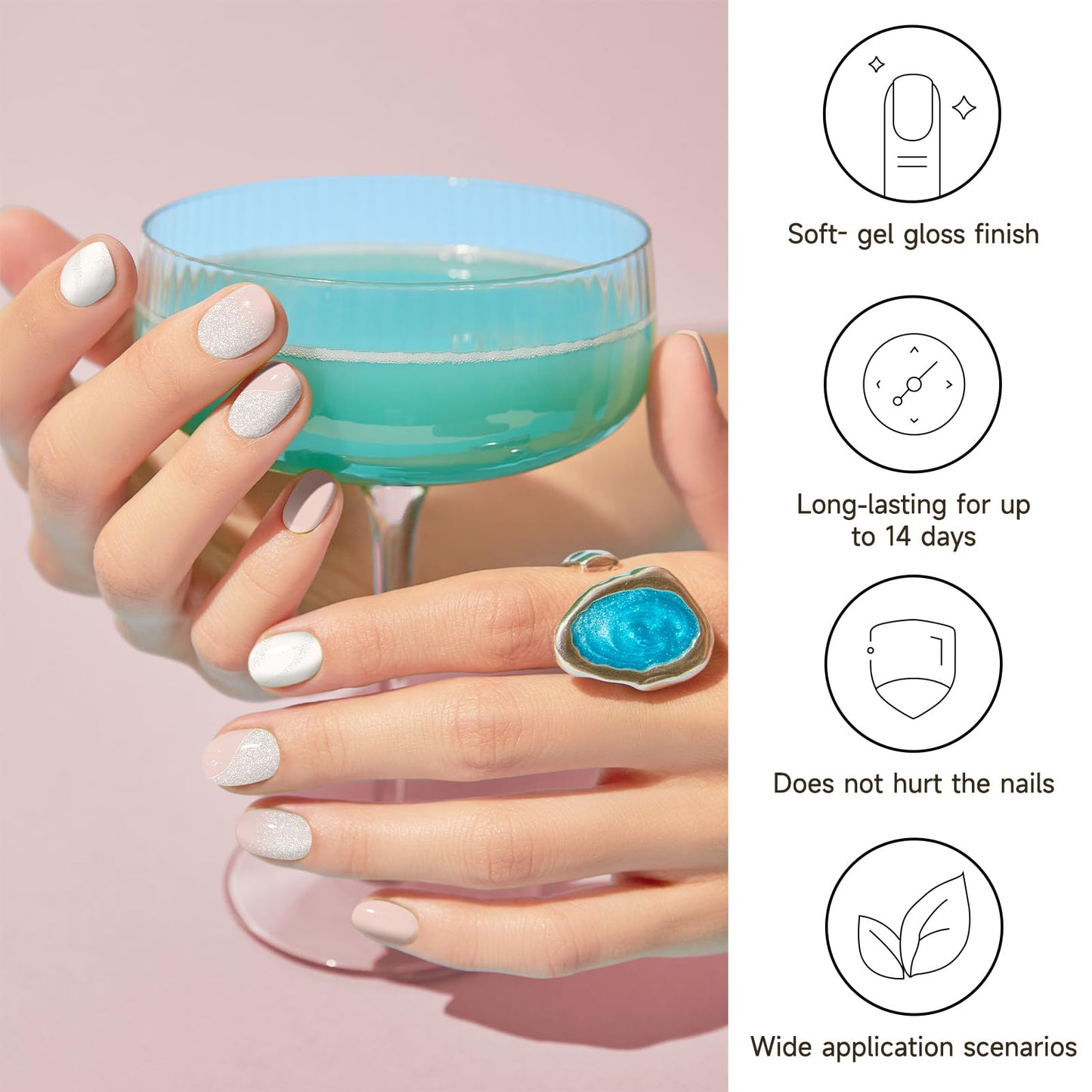 DUKASOU Semi Cured Gel Nail Strips 28 pcs French Nail Stickers for Women (Creamy) Full Nail Wraps -UV Lamp Required Long Lasting Easy to Apply