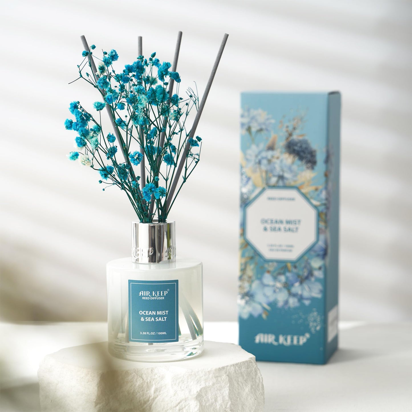 Airkeep Reed Diffuser Set,3.38 fl oz (100 ml) - Ocean Mist&Sea Salt Oil Diffusers with 8 Reed Sticks,Home Fragrance Reed Diffuser for Bathroom Shelf Decor