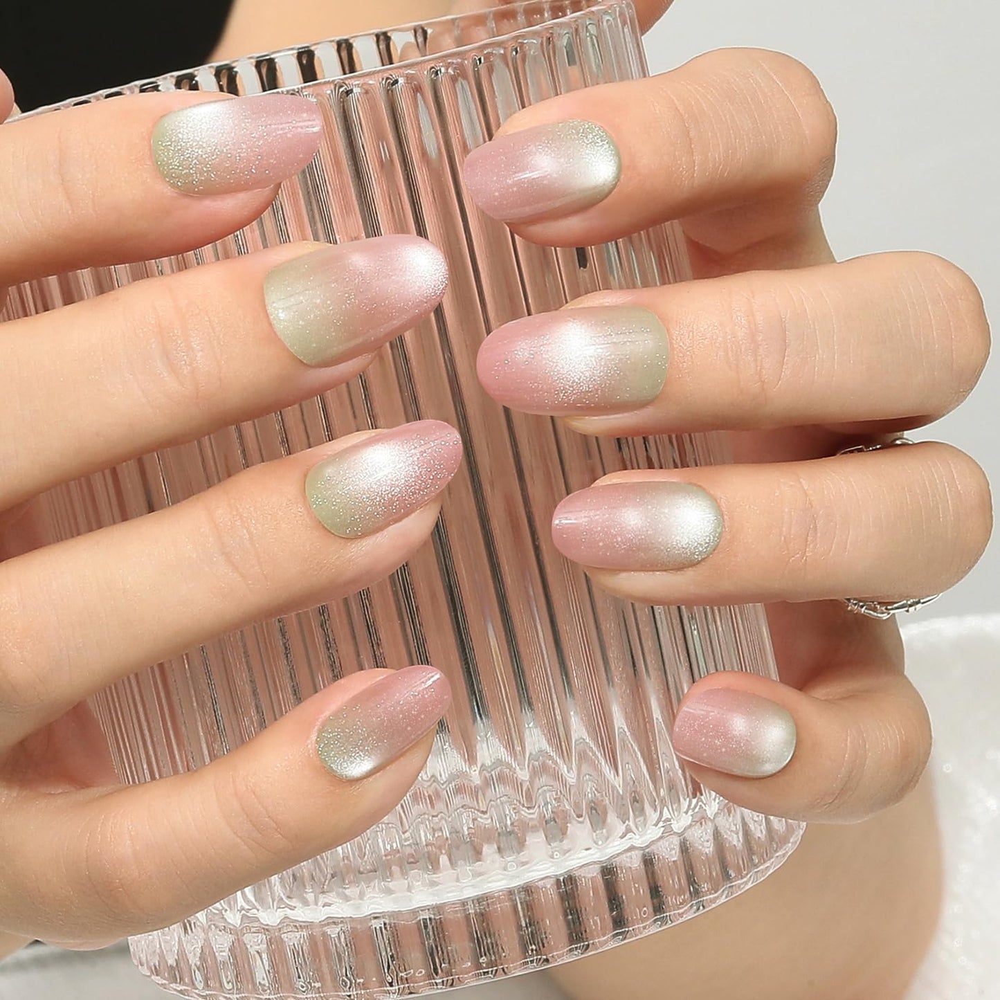 Press on Nails Short Oval Ombre 2 Pack, Light Guava | Rust Olive Glitter Nail Press ons- 60Pcs Stick on Nails Kit, Reusable False Nails for Women (L2224_2152)