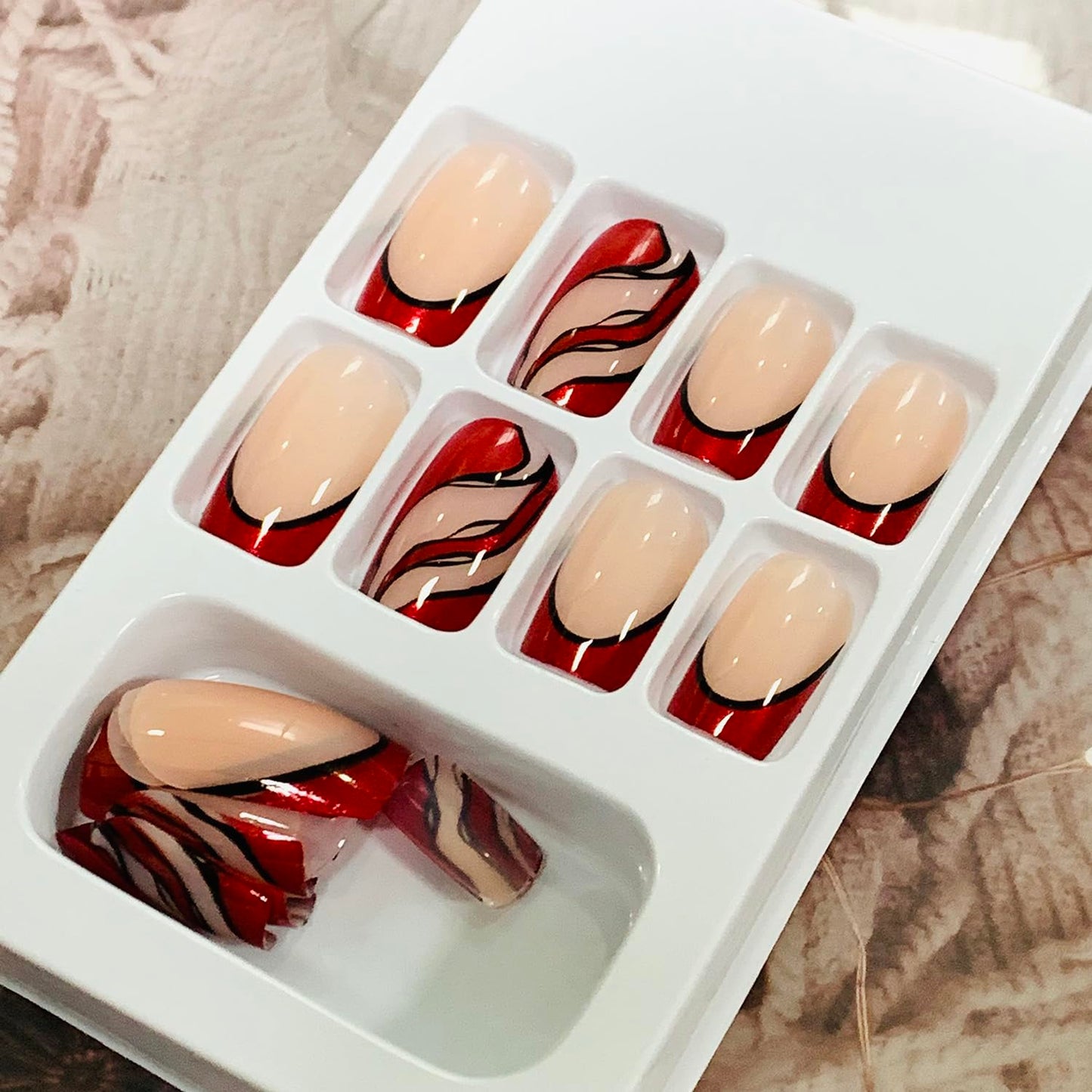 Vezocim Red Press on Nails Square Shapes 24Pcs French Tips Glossy Full Cover Medium Acrylic Square False Nails with Line Designs Artificial Coffin Fake Nails Glue Stick ons Fingernails for Women