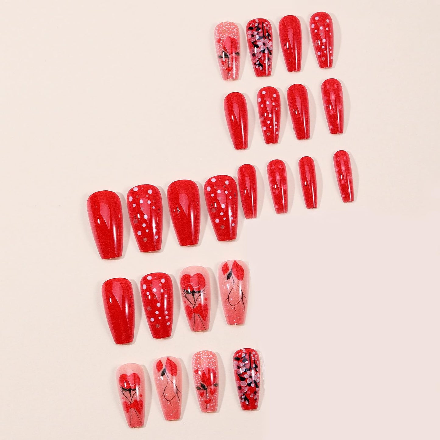 MISUD Press on Nails - Long Coffin Fake Nails with Red, Acrylic Valentines Rose Polka Dot Design 24 pcs