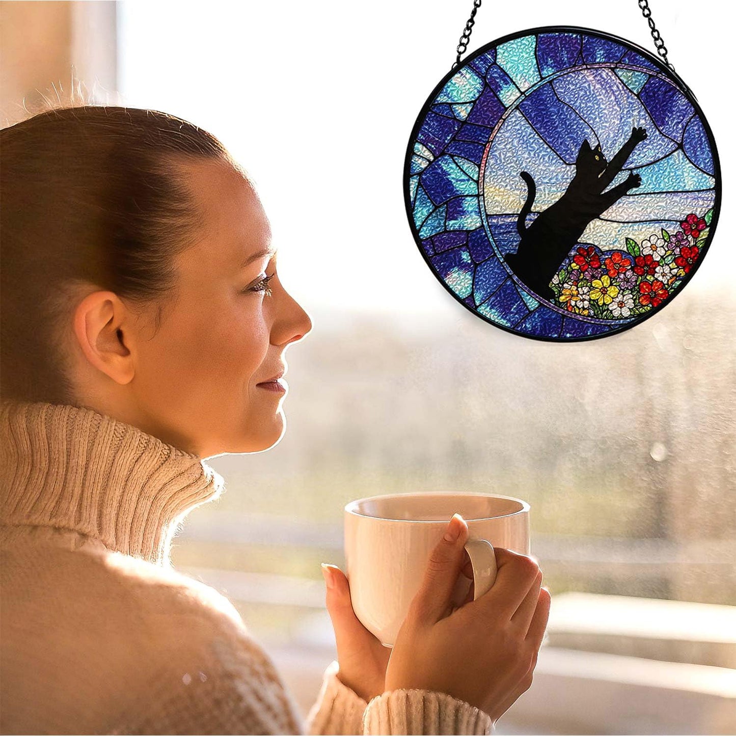 7.9" Stained Glass Window Hanging, Cute Black Cat & Wild Florals Suncatcher Diamond Glass Panel Hanging Home Decor Indoor Outdoor