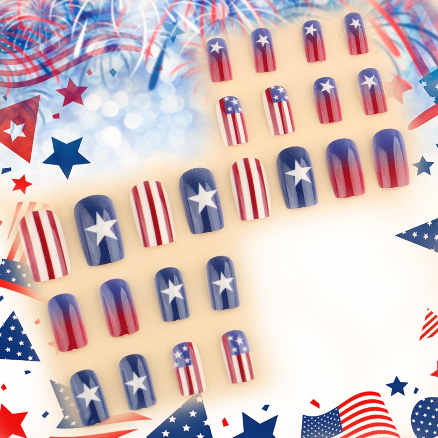 American Flag Fake Nails 24 Pcs Independence Day Acrylic False Nail 4th of July Press on Nails Glossy Red Gradient Glue on Artificial Fingernails HZJXRT Medium Square Stick on Nail for Women Gift